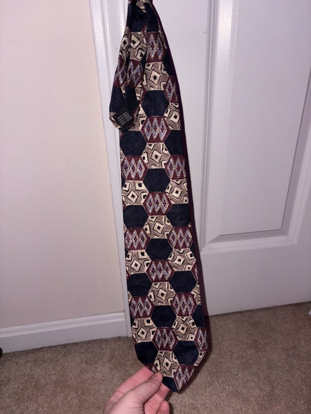 Enzo necktie, black, tan, and burgundy, men's size OS.